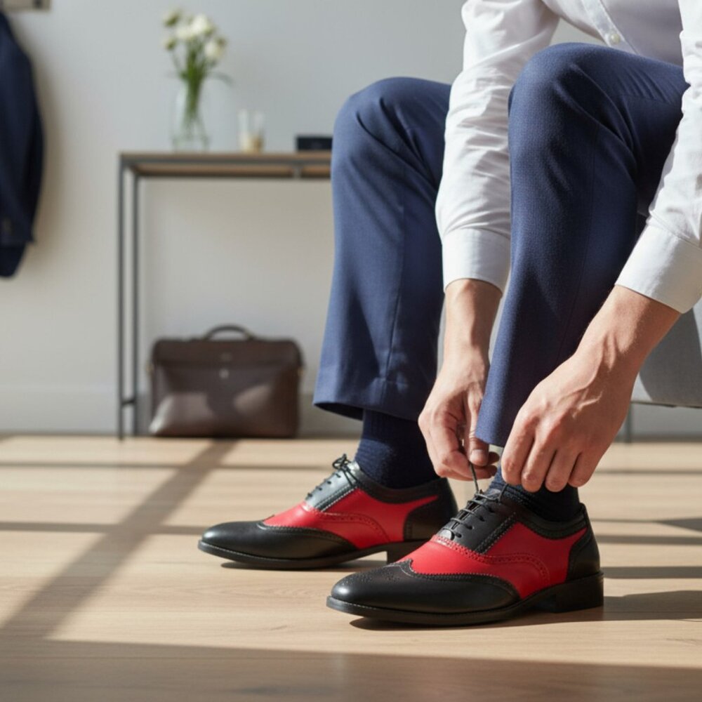 Black Red 1920's Wingtip Lace up Oxford Dress Shoes - Picture 2 of 7